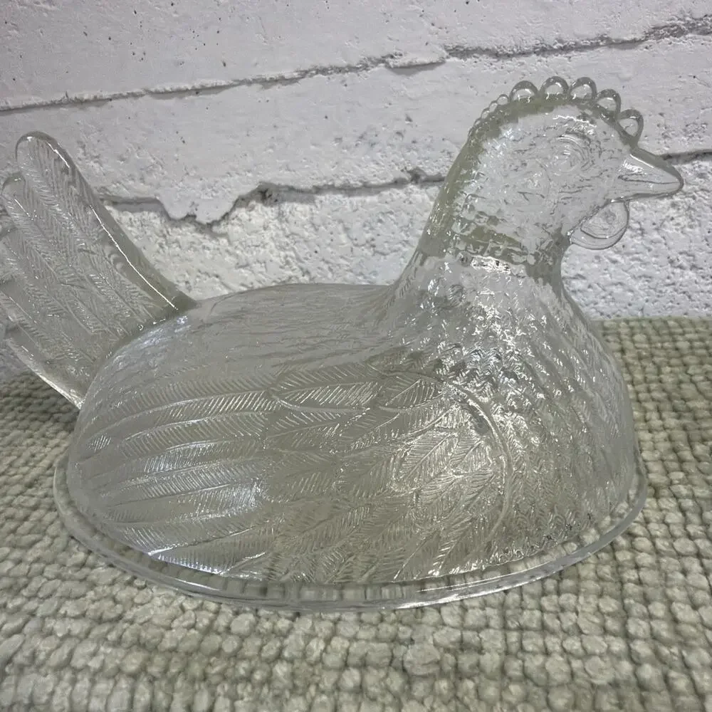 Vintage Clear Glass Chicken Hen On Nest - Lid TOP ONLY Very Detailed